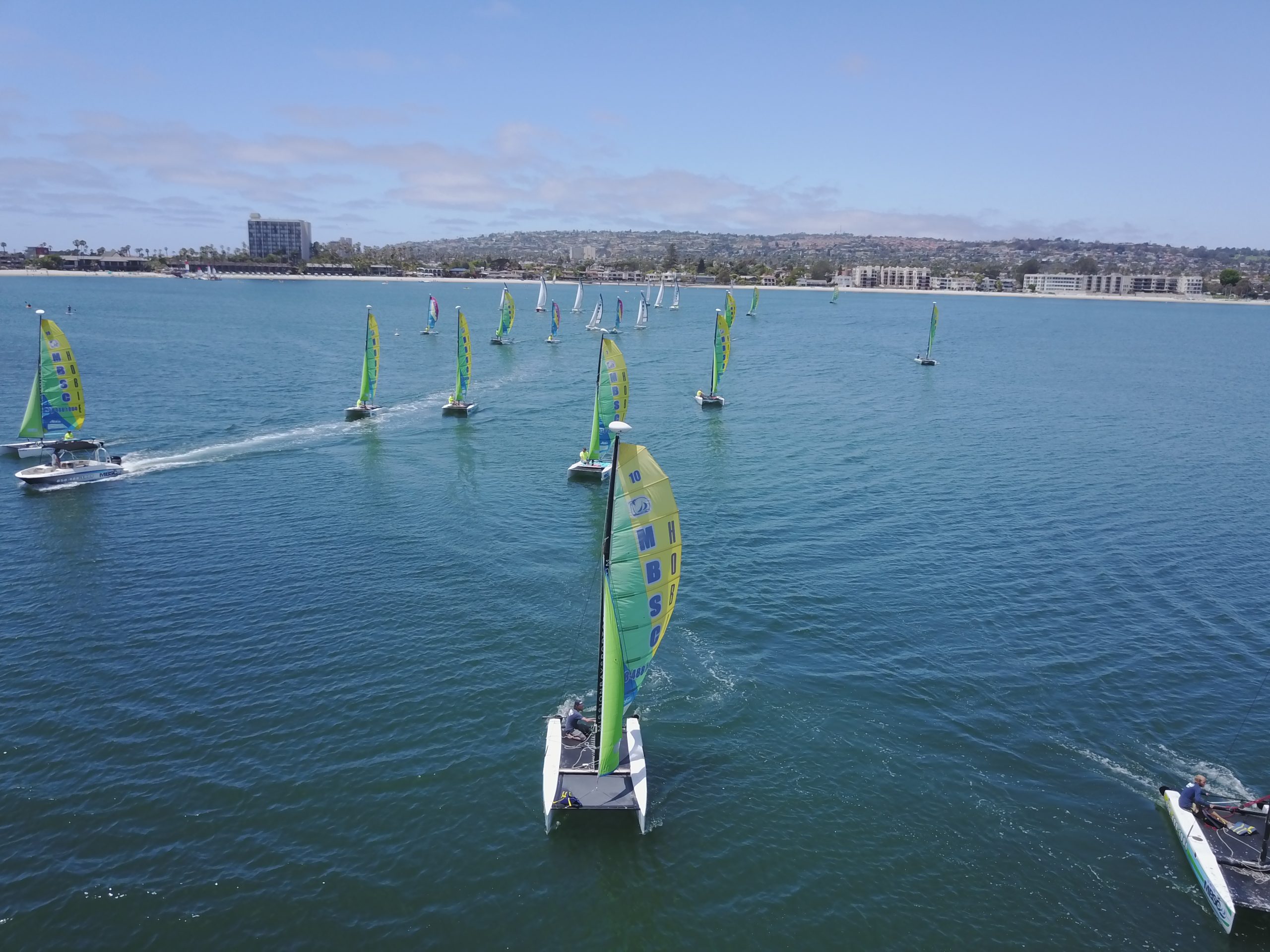 Mission Bay Sportcenter sailboats lined up at the waterfront