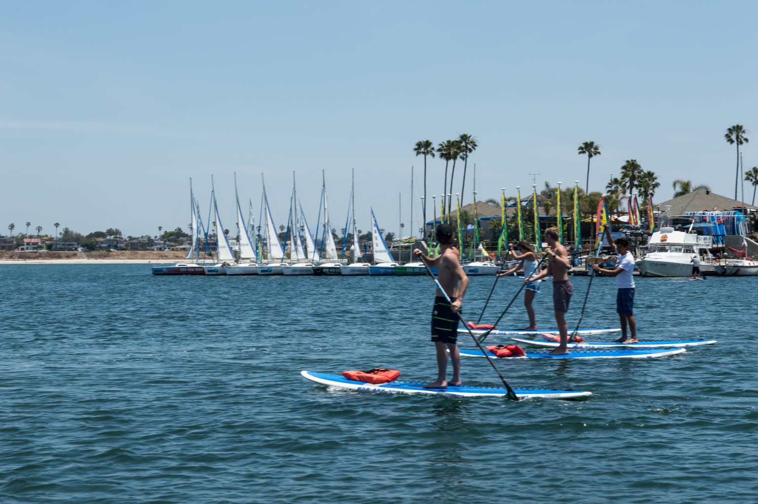 Paddleboarders exploring Mission Bay near Mission Bay Sportcenter in San Diego