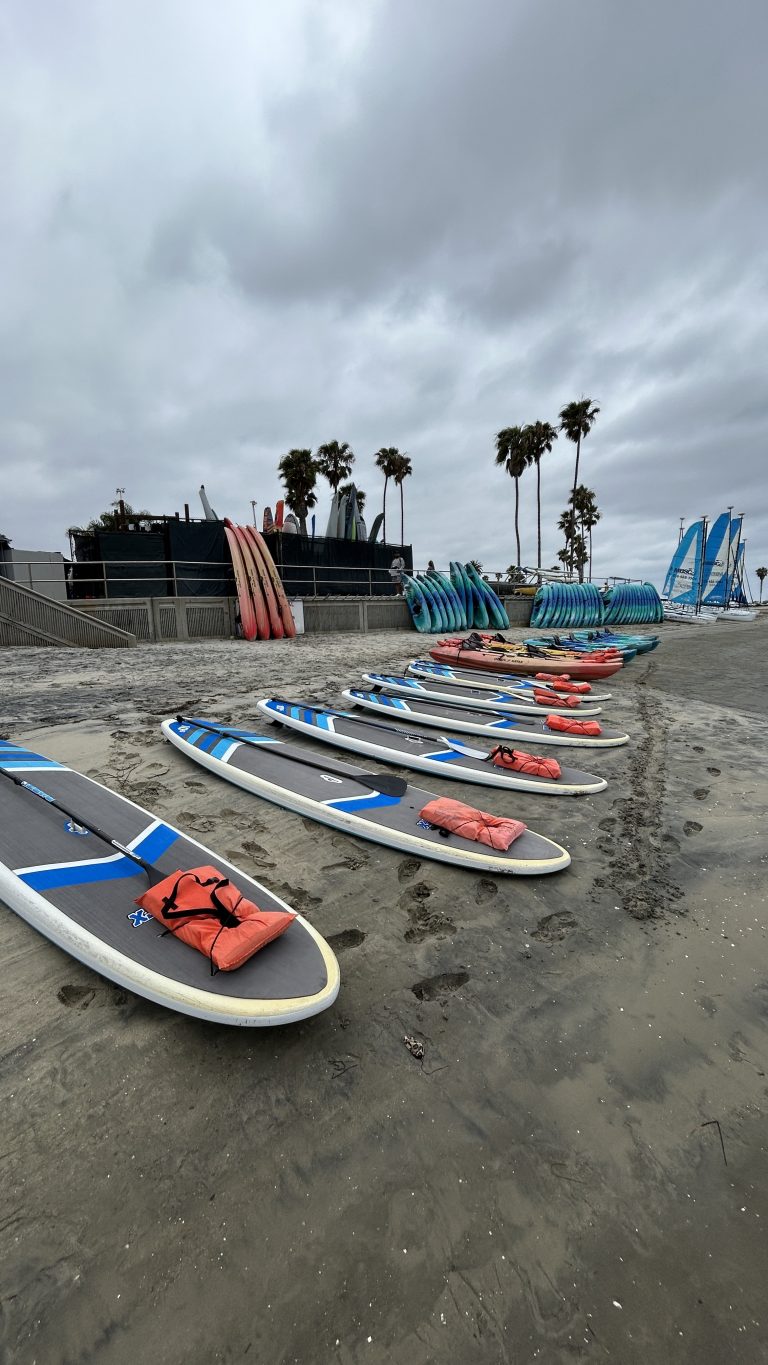 Paddleboards lined up at the Mission Bay Sportcenter waterfront launch