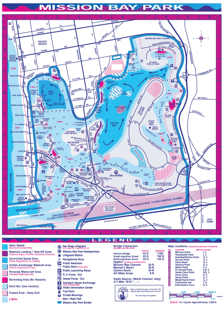 Illustrated map showing Mission Bay landmarks and shoreline areas