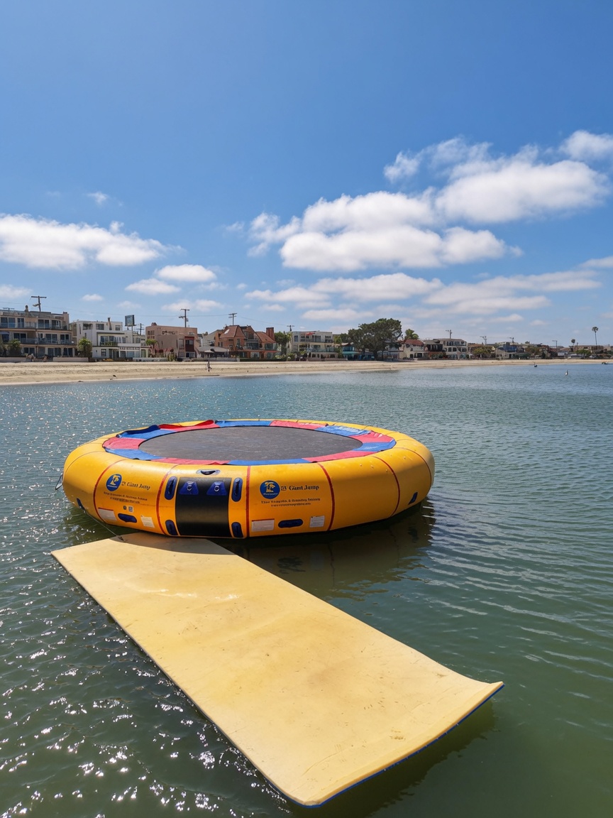 Birthday group enjoying a Mission Bay water trampoline and Lily Pad