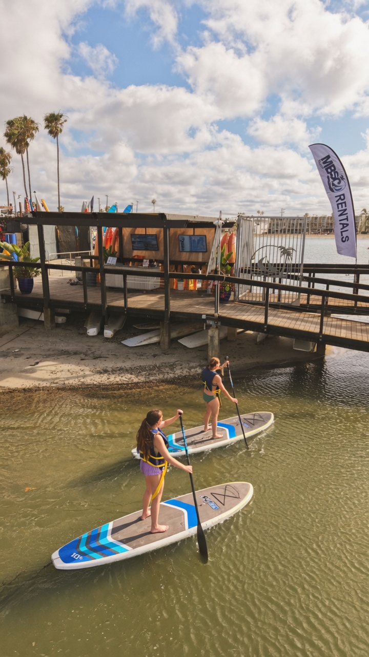 Guest standing on a paddleboard during a Mission Bay outing