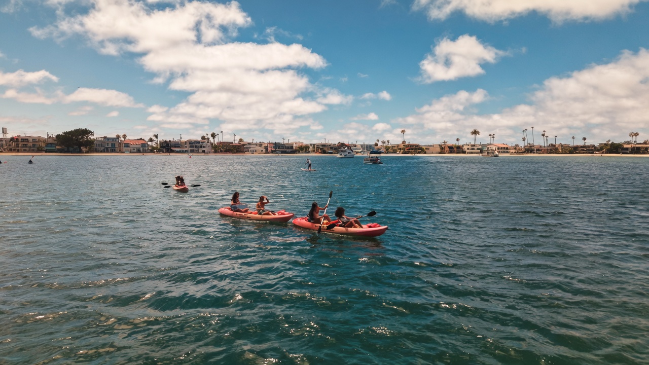 Kayaks and paddle equipment on Mission Bay in San Diego