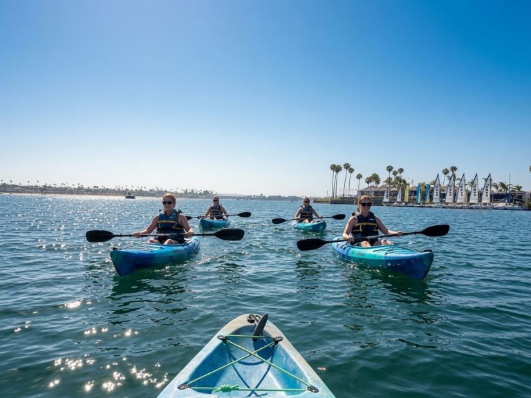 Guests kayaking on calm Mission Bay water